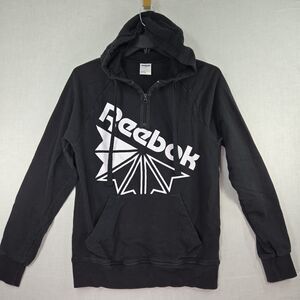 Reebok Classic Hoodie Sweatshirt Black Spellout Logo Pullover 1/4 Zip Men's Med
